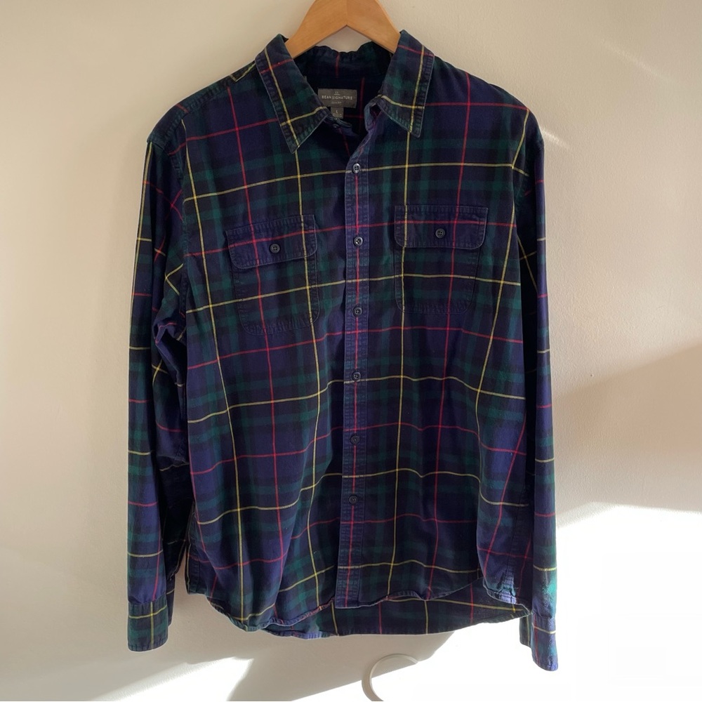 LL Bean Signature Green Plaid Lightweight Flannel Shirt Slim EUC Size Large
